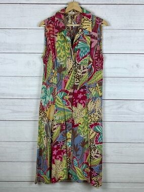 Agnona Floral Colorful Button Dress Size 48 US 14 Made In Italy Sleeveless